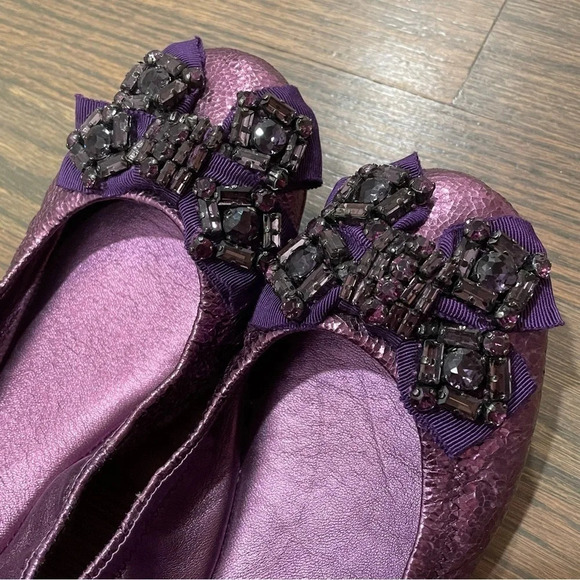 Tory Burch Azalea Crystal Bow Ballerina Flats Metallic Purple Leather Size 9 - Picture 4 of 12